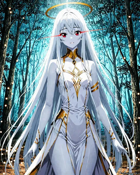 pretty girl with long white hair, White skin, And red eyes, In a forest with lights like in a movie, Dark and dimly lit. . She wears a white dress with dark gold tones , Her eyes stared at, looks at the audience. White skin, Her face is delicate and flawl...