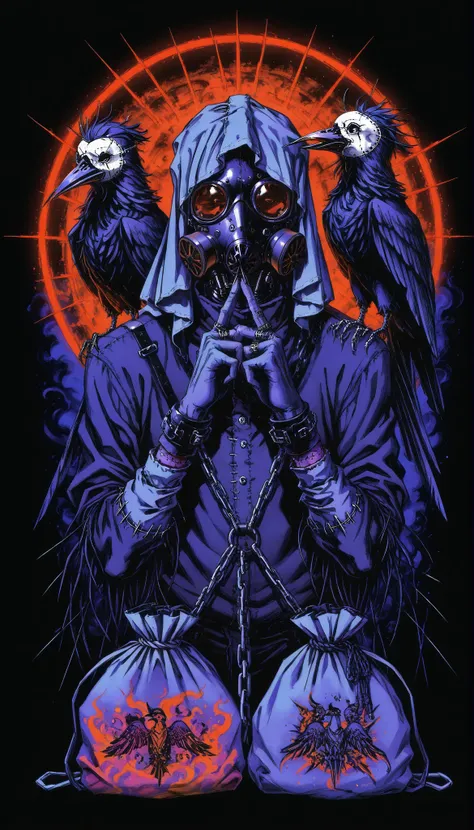 Feathered scarecrow,cloth bag on the head,((stitched )),gas mask,needles on the fingers,((crows)),chains,crows negros,limited palette , black background, colorful , Animated,brilliant contours,neon, black light ,