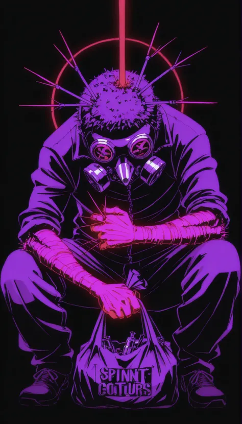 Feathered scarecrow,cloth bag on the head,((stitched )),gas mask,needles on the fingers,((crows)),chains,crows negros,limited palette , black background, colorful , Animated,brilliant contours,neon, black light ,