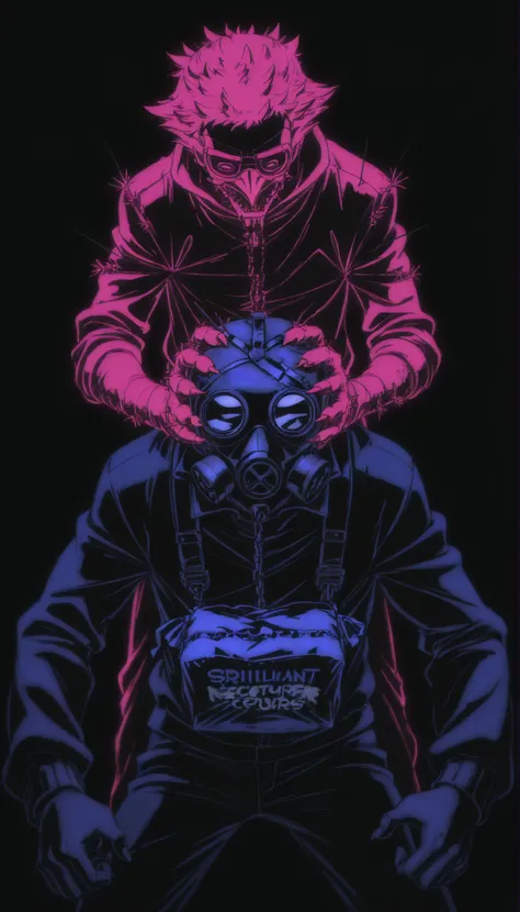 Feathered scarecrow,cloth bag on the head,((stitched )),gas mask,needles on the fingers,((crows)),chains,crows negros,limited palette , black background, colorful , Animated,brilliant contours,neon, black light ,