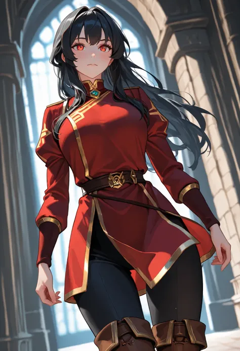 ceii yyorr,  long hair, black hair, in a castle, solo, RPG style, red adventurer tunic, black pants, black thigh pants, brown boots, brown thigh boots, outfit with gold trim, elegant, dominant, dutch angle, cowboy shot, perfect eyes, perfect body