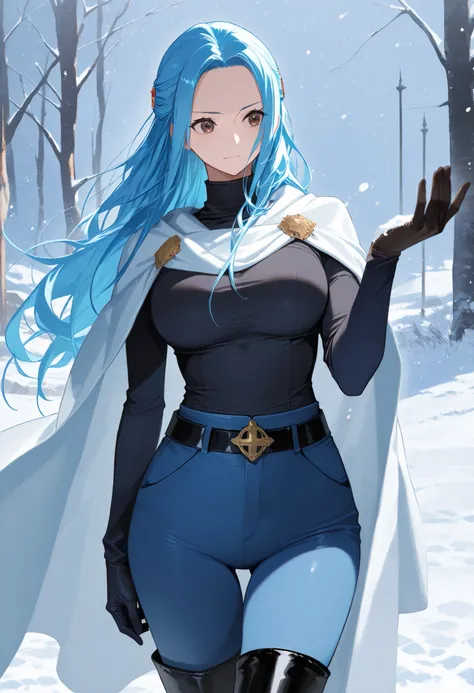 score9_up, score8_up, score7_up, solo, alone, masterpiece, best quality, nefertari-vivi, blue hair, brwon eyes, long hair, black boots, black thigh boots,blue pants, blue tight pants, black shirt, black belt, black gloves, snow, very beautiful, adjusts his...