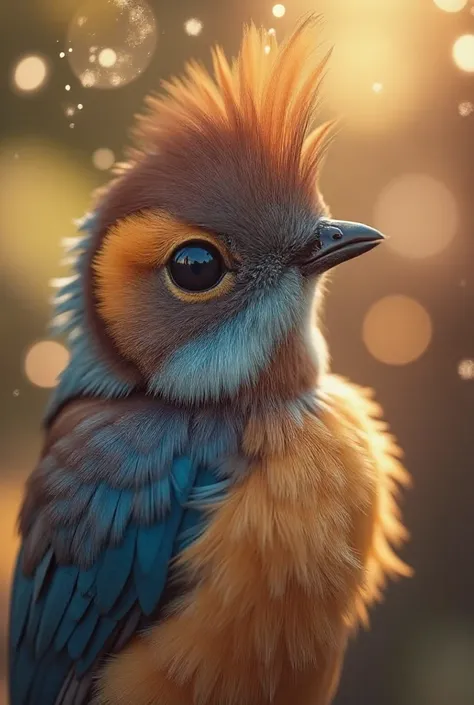 A mesmerizing close-up portrait of a gorgeous little bird illuminated by the soft, golden light of a tranquil morning, with vibrant bokeh balls gently framing its delicate form.