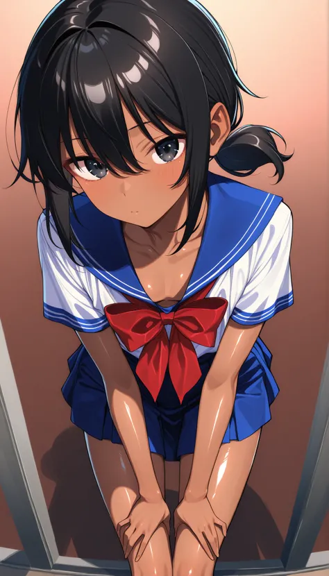 (beautiful girl:1.5)、(ultra flat chest:0.9)、(ultra small chest:0.9)、(Nipples are visible from the chest of a larger uniform:0.8)、(体型がskinny:1.1)、(expresses everything from head to thighs:1.1)、(Middle School Uniforms:1.1)、(black hair,low short ponytail:1.1)...