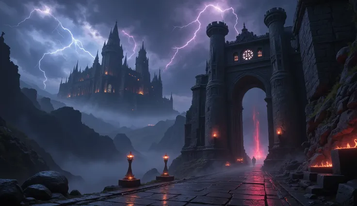 A majestic gothic fantasy landscape, featuring a massive ancient castle with spiked towers and crumbling stone arches, perched on a jagged cliff overlooking a vast dark valley. The sky is filled with swirling storm clouds and occasional flashes of lightnin...