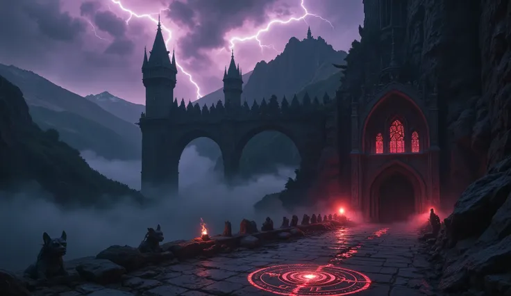 A majestic gothic fantasy landscape, featuring a massive ancient castle with spiked towers and crumbling stone arches, perched on a jagged cliff overlooking a vast dark valley. The sky is filled with swirling storm clouds and occasional flashes of lightnin...
