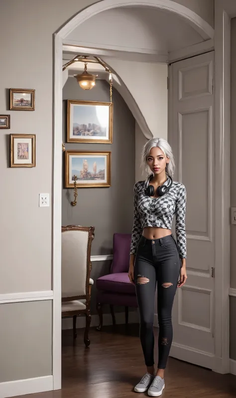 The girl is a  brown and her hair is silver white with two long french braids , her eyes are silver grey, she is standing in front of a doorway indoors in a casually styled livingroom, which includes a purple armchair and framed wall art. She is wearing cr...