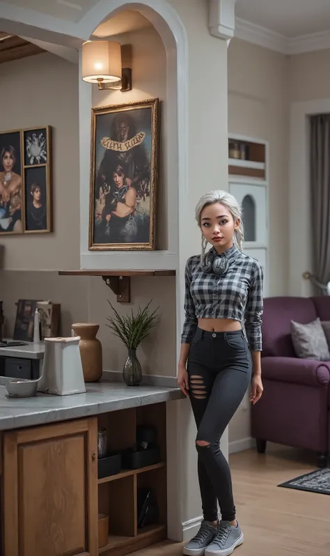 The girl is a  brown and her hair is silver white with two long french braids , her eyes are silver grey, she is standing in front of a doorway indoors in a casually styled livingroom, which includes a purple armchair and framed wall art. She is wearing cr...