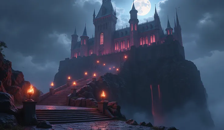 A digital painting in the style of gothic fantasy, depicting an epic and ancient stone fortress nestled atop a craggy cliff under a stormy sky. The castle has tall spires, arched stained-glass windows, and large gothic statues of mythical beasts. In the fo...