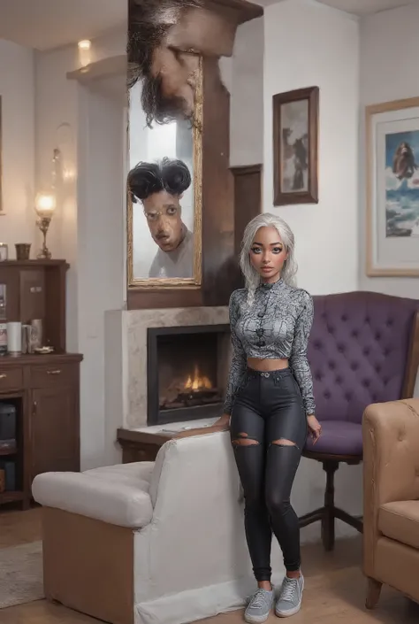 The girl is a dark brown and her hair is silver white with two long french braids , her eyes are silver grey, she is standing in front of a doorway indoors in a casually styled livingroom, which includes a purple armchair and framed wall art. She is wearin...