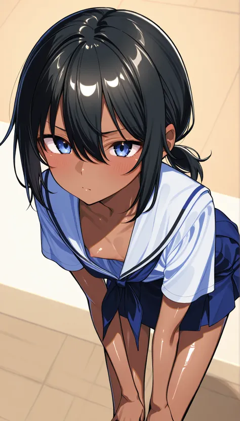 (beautiful girl:1.5)、(ultra flat chest:0.9)、(ultra small chest:0.9)、(Nipples are visible from the chest of a larger uniform:0.8)、(体型がskinny:1.1)、(expresses everything from head to thighs:1.1)、(Middle School Uniforms:1.1)、(black hair,low short ponytail:1.1)...