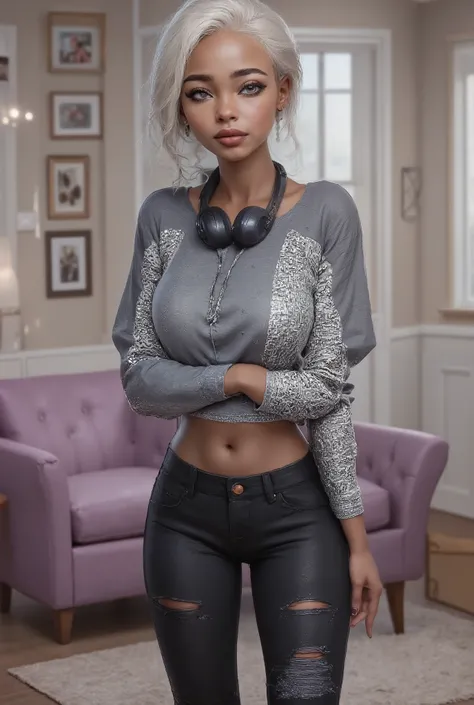 The 13  year old girl is mixed race a brown skin girl and her hair is silver white with two long french braids , her eyes are silver grey, she is standing in front of a doorway indoors in a casually styled livingroom, which includes a purple armchair and f...