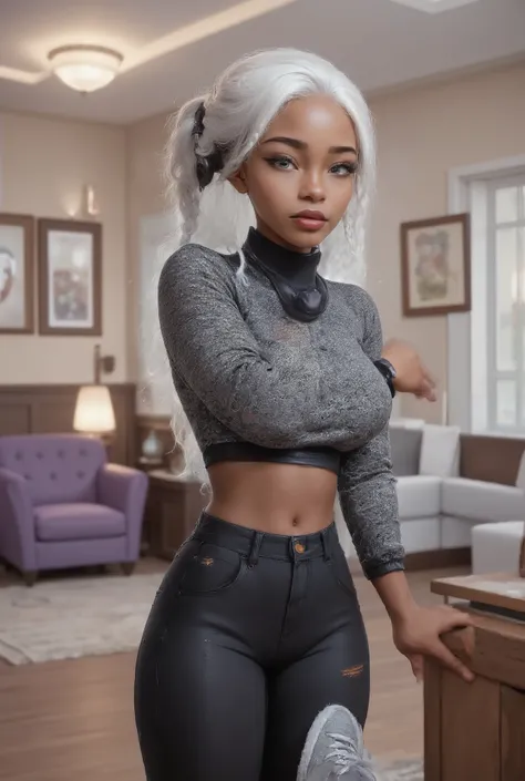 The 13 year old girl is mixed race a brown skin girl and her hair is silver white with two long french braids , her eyes are silver grey, she is standing in front of a doorway indoors in a casually styled livingroom, which includes a purple armchair and f...
