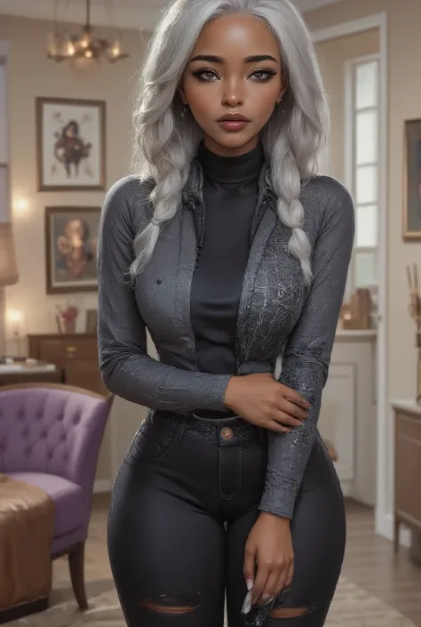 The 13  year old girl is mixed race a brown skin girl and her hair is silver white with two long french braids , her eyes are silver grey, she is standing in front of a doorway indoors in a casually styled livingroom, which includes a purple armchair and f...