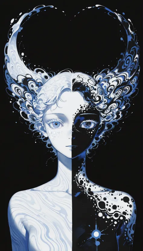 (drawing in white on black),black background,white spots,Abstract,drawing with tempera, artistic,watercolors,stained,shaded on the background