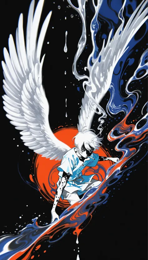 (drawing in white on black),black background,white spots,Abstract,drawing with tempera, artistic,watercolors,stained,shaded on the background,demon woman,angel wings tunic,cigarette ,abstract smoke,imaginary rain,water drops