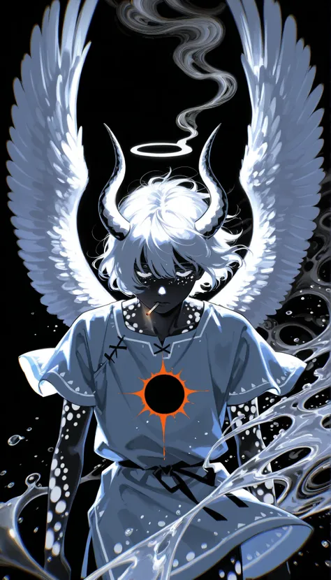 (drawing in white on black),black background,white spots,Abstract,drawing with tempera, artistic,watercolors,stained,shaded on the background,demon woman,Horns,angel wings tunic,cigarette ,abstract smoke,imaginary rain,water drops,dramatic lighting
