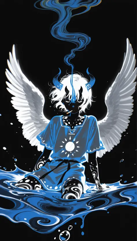 (drawing in white on black),black background,white spots,Abstract,drawing with tempera, artistic,watercolors,stained,shaded on the background,demon woman,Horns,angel wings tunic,cigarette ,abstract smoke,imaginary rain,water drops,dramatic lighting