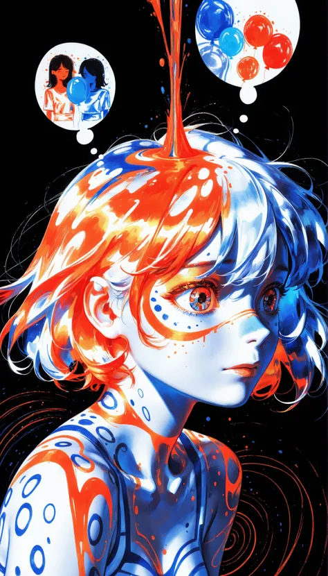 (drawing in white on black),black background,white spots,Abstract,drawing with tempera, artistic,watercolors,stained,shaded on the background,pro finish, introspective , inner,expressive,emotional,thought balloon