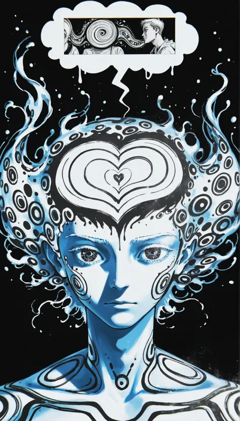 (drawing in white on black),black background,white spots,Abstract,drawing with tempera, artistic,watercolors,stained,shaded on the background,pro finish, introspective , inner,expressive,emotional,thought balloon