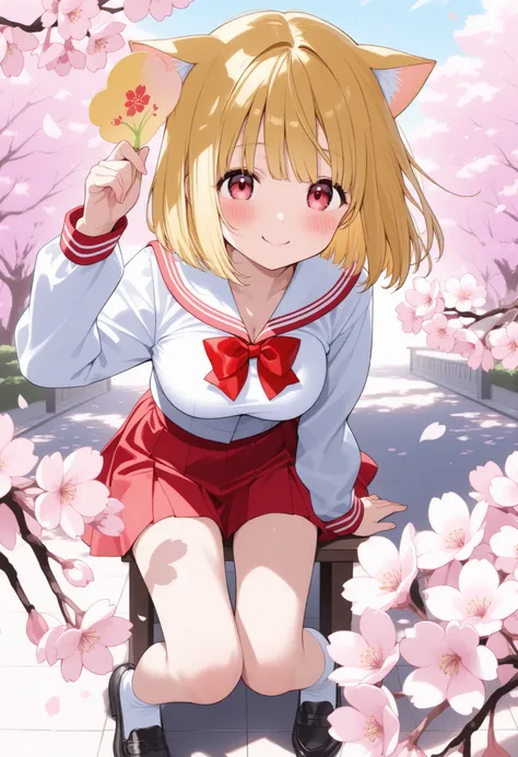 Cat ears、bob cut blonde hair、 popup、red and white sailor suit、 Lots of cherry blossoms、big breasts、smile、blush、with cherry blossoms in their hands