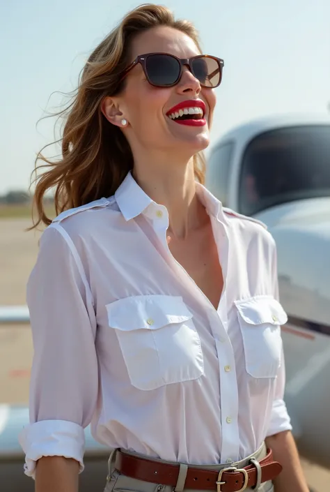 white glamour ladies, pilot sunglasses, in a white deep-necked pilot shirt, white screaming ladies, laughing with her mouth open, red lipstick accentuating her smile,belt on waist, big wide hips, chest are fully grown, pilot sunglasses, white skin, HD, enj...
