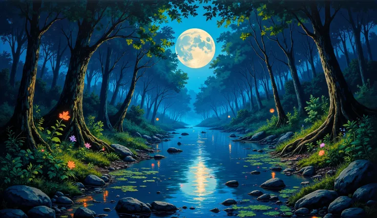 Forest at night with fireflies and reflections of the moon in the water and on the leaves, a noite, vivid and vibrant colors, calm and relaxing environment, lua cheia. obra prima, intricate details, diversified leaves and flowers, full of life.