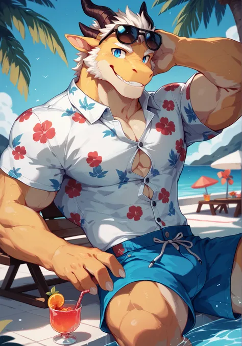 Best Quality, High Quality, ultra high resolution,delicate eyes, Exquisite Face ,muscular development,Yellow dragon,Robust,abdomen,daddy,alone,Smile,Beach shorts,floral shirt,button open, Unbutton,Vacation, Strong arm ,sunglasses,blue eyes,Swimming pool,ch...