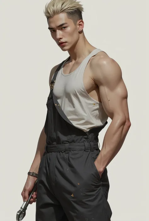 Korean man, 23 years old, Hwang Hyunjin's appearance in 2025, tall, defined arms, fair skin, dark blonde buzz cut haircut, eyebrows with two lines, he has the appearance of a delinquent, he wears a white tank top and a dark gray mechanic's overalls dressed...