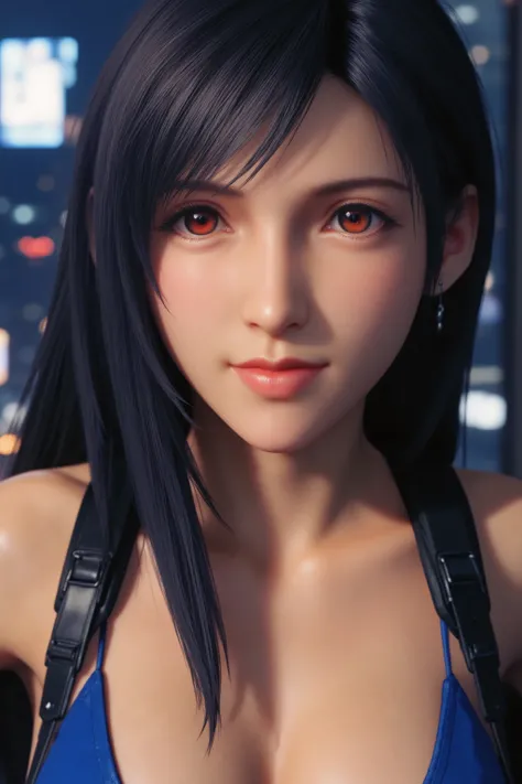 Masterpiece, best quality, professional photograph, tifa lockhart, (red eyes:1.2), cleavage, long black hair, swept bangs across her forehead, subtle smile, earrings, from final fantasy 7,detailed photorealism style, long legs, toned body, white light, per...