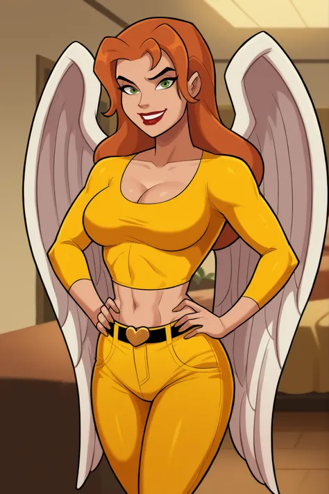 score_9, score_8_up, score_7_up, score_6_up, BREAK, safe_pos, 1girl, solo, shayera hol, angel wings, feathered wings, wings, long hair, green eyes, lipstick, makeup, large breasts, cleavage, curvy, athletic, hands on hips, model pose, looking at viewer, sm...