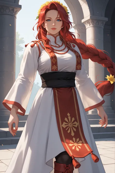 Masterpiece, ultra-detailed, 4K, HD, cinematic lighting, semi-realistic style, dynamic pose, hand on the hair. A strong and noble warrior with perfect face, ((perfect eyes)), perfect hands, and perfect posture. valTitania, red hair, blue eyes, hair flower,...