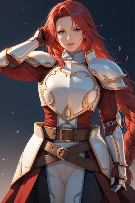 Masterpiece, ultra-detailed, 4K, HD, cinematic lighting, semi-realistic style, dynamic pose, hand on the hair. A strong and noble warrior with perfect face, ((perfect eyes)), perfect hands, and perfect posture. defTitania, red hair, blue eyes, braided pony...