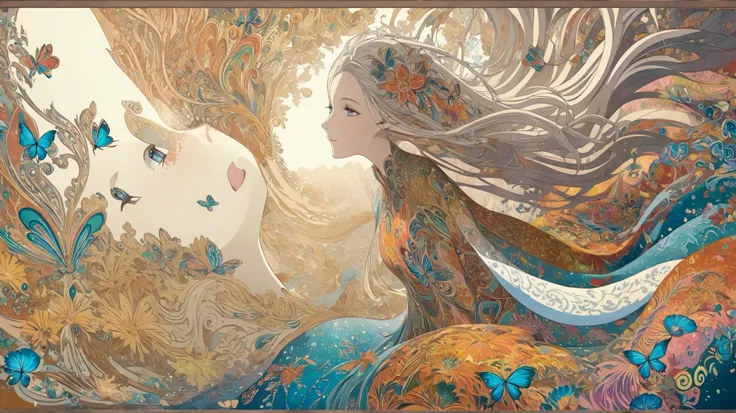 a vector illustration of a woman with long hair and colorful dress, extravagant art, beautiful and intricate painting, beautiful intricate painting,  gently swirling magical energy  , extravagant!!, extravagant and psychedelic, extravagant!!!, extravagant ...
