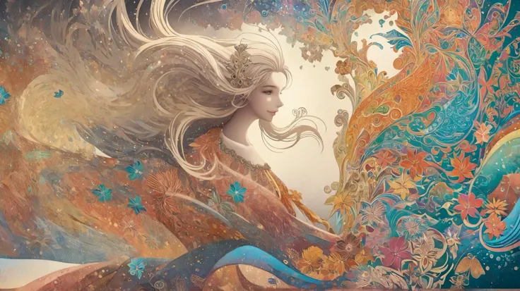 a vector illustration of a woman with long hair and colorful dress, extravagant art, beautiful and intricate painting, beautiful intricate painting,  gently swirling magical energy  , extravagant!!, extravagant and psychedelic, extravagant!!!, extravagant ...