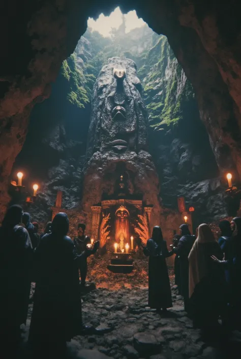An ancient cave where time collapses: a monolithic altar bleeding black light, surrounded by hooded entities with mirrored faces, their hands raised in silent invocation beneath a sky torn open by screams