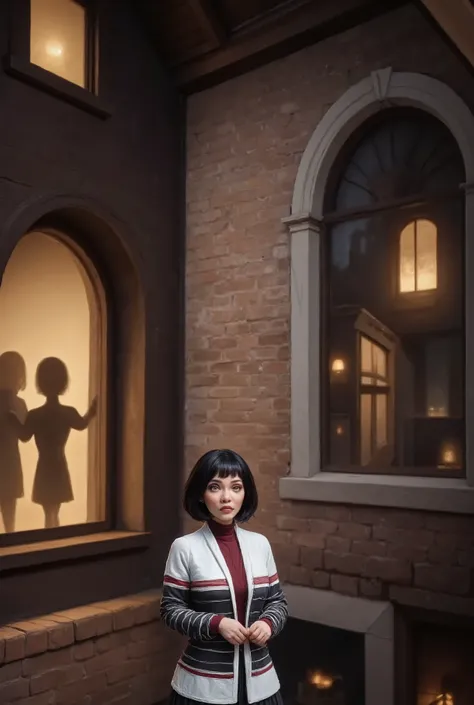 Very old white lady with black short bob hairstyle with a side bangs, she has brown eyes, She on a porch at this house she's stand by a window with blinds open and the lights on the inside the house are turned on. you see two guys silhouette shadow figures...