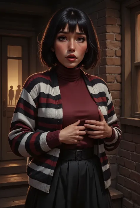 Very old white lady with black short bob hairstyle with a side bangs, she has brown eyes, She on a porch at this house she's stand by a window with blinds open and the lights on the inside the house are turned on. you see two guys silhouette shadow figures...