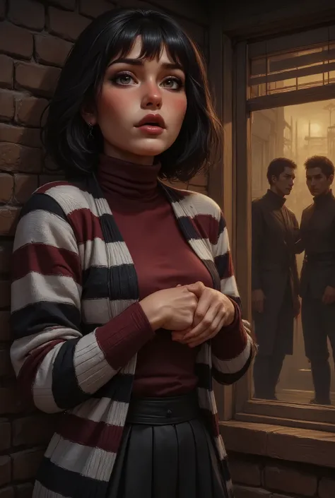 Very old white lady with black short bob hairstyle with a side bangs, she has brown eyes, She on a porch at this house she's stand by a window with blinds open and the lights on the inside the house are turned on. you see two guys silhouette shadow figures...