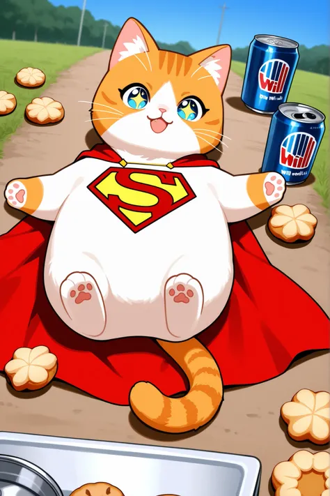 It's a real cat。human。He's a superhero。I have a well-groomed coat and cute, sparkling eyes。I'm wearing a Superman cape with an S mark on my back。I will make the world peaceful with an adorable figure lying on the prairie under the blue sky。People around th...