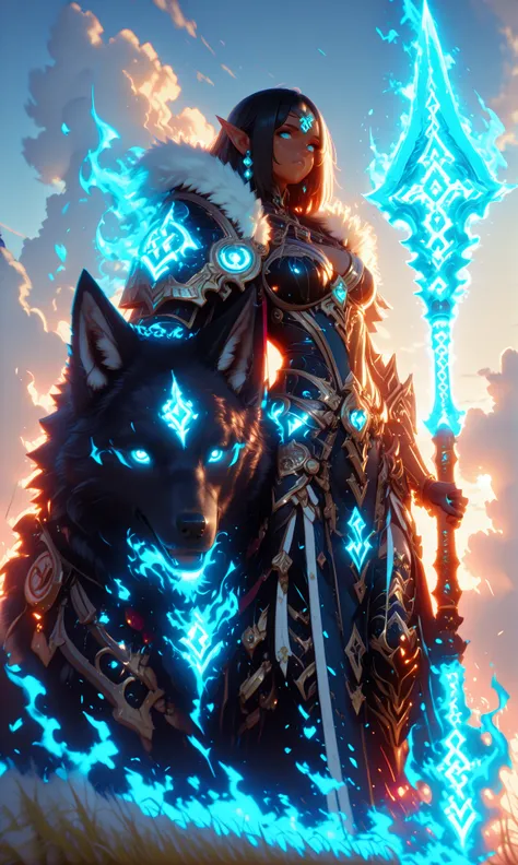 A powerful dark elf warrior in armor ornamented with black and gold, shining with fiery blue runes. She holds an enormous magic spear surrounded by blue flames. At his side is a large black wolf with bright blue eyes and mystical runes on his forehead and ...