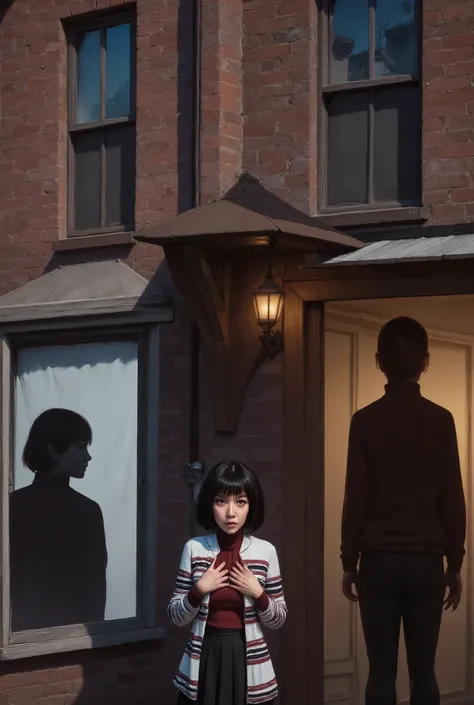 Very old white lady with black short bob hairstyle with a side bangs, she has brown eyes, She on a porch at this house she's stand by a window with blinds open and the lights on the inside the house are turned on. you see two guys silhouette shadow figures...