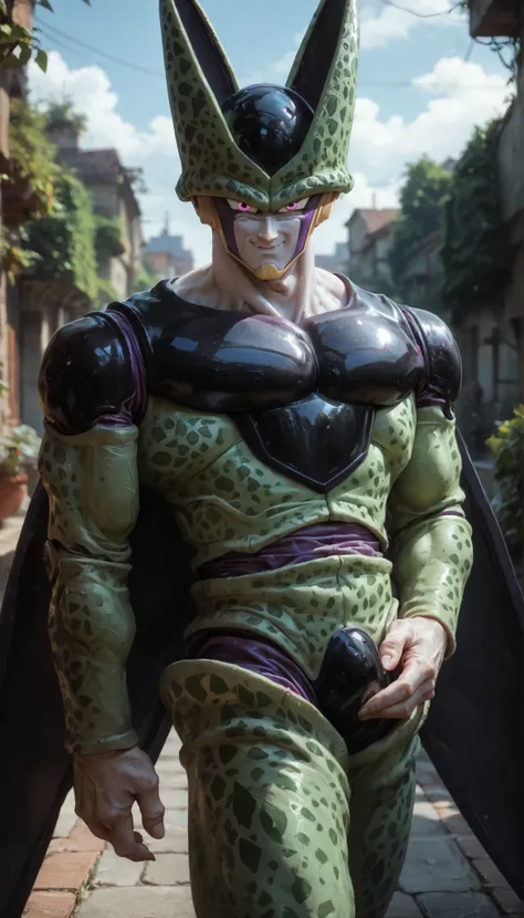 score_9, score_8_up, score_7_up, source_anime, celldb, 1boy, solo, colored skin, white skin, purple markings, green spotted exoskeleton, black plates, wings, pink eyes, purple veins, smile, looking at viewer, outdoors