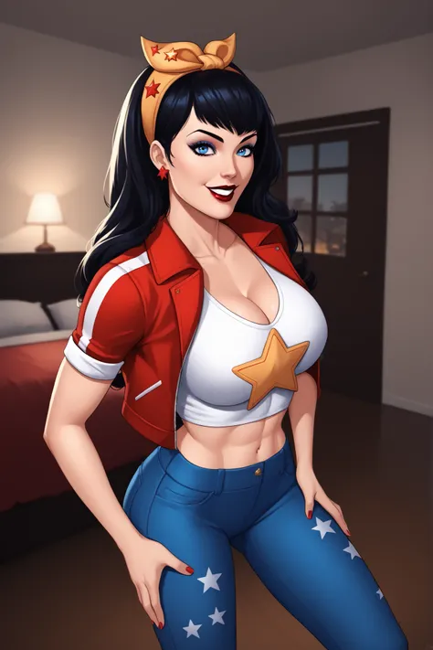 score_9, score_8_up, score_7_up, score_6_up, masterpiece, high quality, BREAK, safe_pos, 1girl, solo 
 bmbshllwndrwmn, long hair, hairband, blue eyes, black hair, lipstick, makeup, large breasts, cleavage, earrings, smile, looking at viewer, happy expressi...