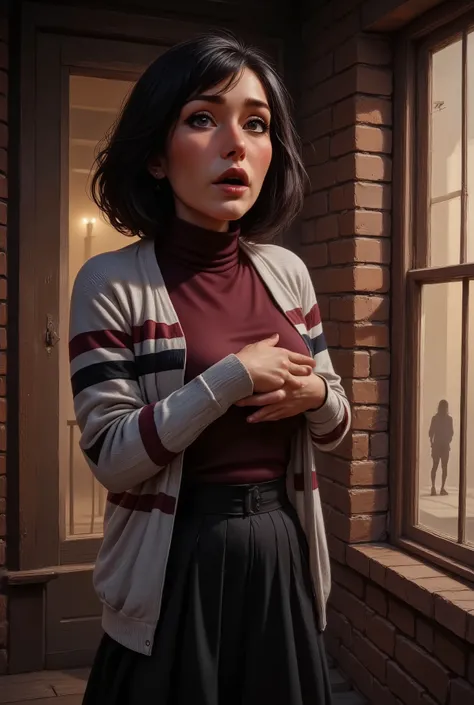 Very old white lady with black short bob hairstyle with a side bangs, she has brown eyes, She on a porch at this house she's stand by a window with blinds open and the lights on the inside the house are turned on. you see two guys silhouette shadow figures...