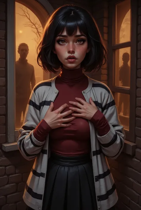 Very old white lady with black short bob hairstyle with a side bangs, she has brown eyes, She on a porch at this house she's stand by a window with blinds open and the lights on the inside the house are turned on. you see two guys silhouette shadow figures...