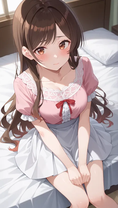 CHIZURU MIZUHARA,brown hair,long hair,pink blouse,white skirt,sit,((angle from above)),medium breasts,are ashamed,blush,bed,Ulchan-6500-v1.1, ( RAW photos :1.2), Beautiful Detailed, very detailedな目、Beautiful Eyes,beautiful eyes、Brown Eyes 、 file size is la...