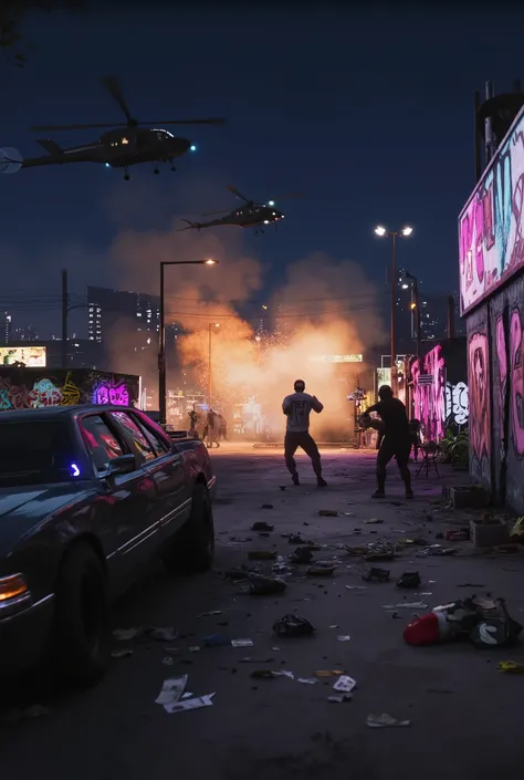 A gritty gang shootout scene on the streets of Los Santos at night, intense gunfire exchange between rival gangs, bullet holes on cars and walls, colorful urban graffiti, flying cash and scattered stolen goods on the ground, sparks and muzzle flashes in th...