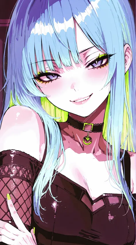 A frontal extreme close-up: Lips pressed to the mic, her smirk half-hidden by strands of damp hair. Her eyeliner smudged, ringed fingers tight on the mic. Outfit: choker, off-shoulder tee, mesh sleeves. Her slightly fuller frame adds tension to her poised ...