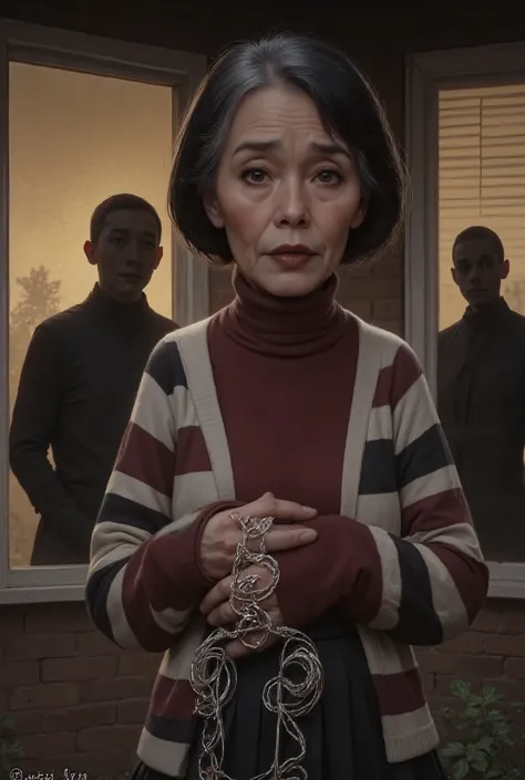 Very old white lady with black short bob hairstyle with a side bangs, she has brown eyes, She on a porch at this house she's stand by a window with blinds open and the lights on the inside the house are turned on. There are two men silhouette shadow figure...